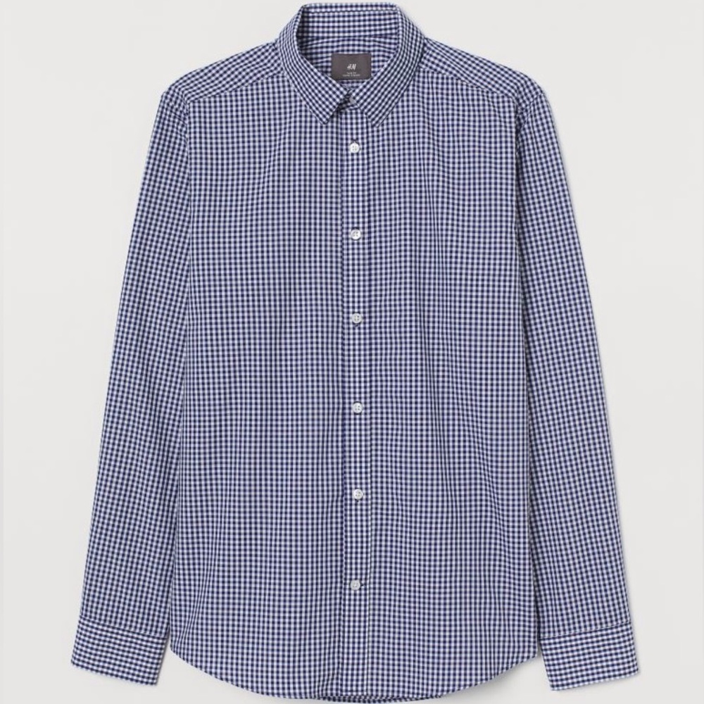 NWT H&M Slim Fit Easy-iron Shirt, Dark-blue checkered (S)